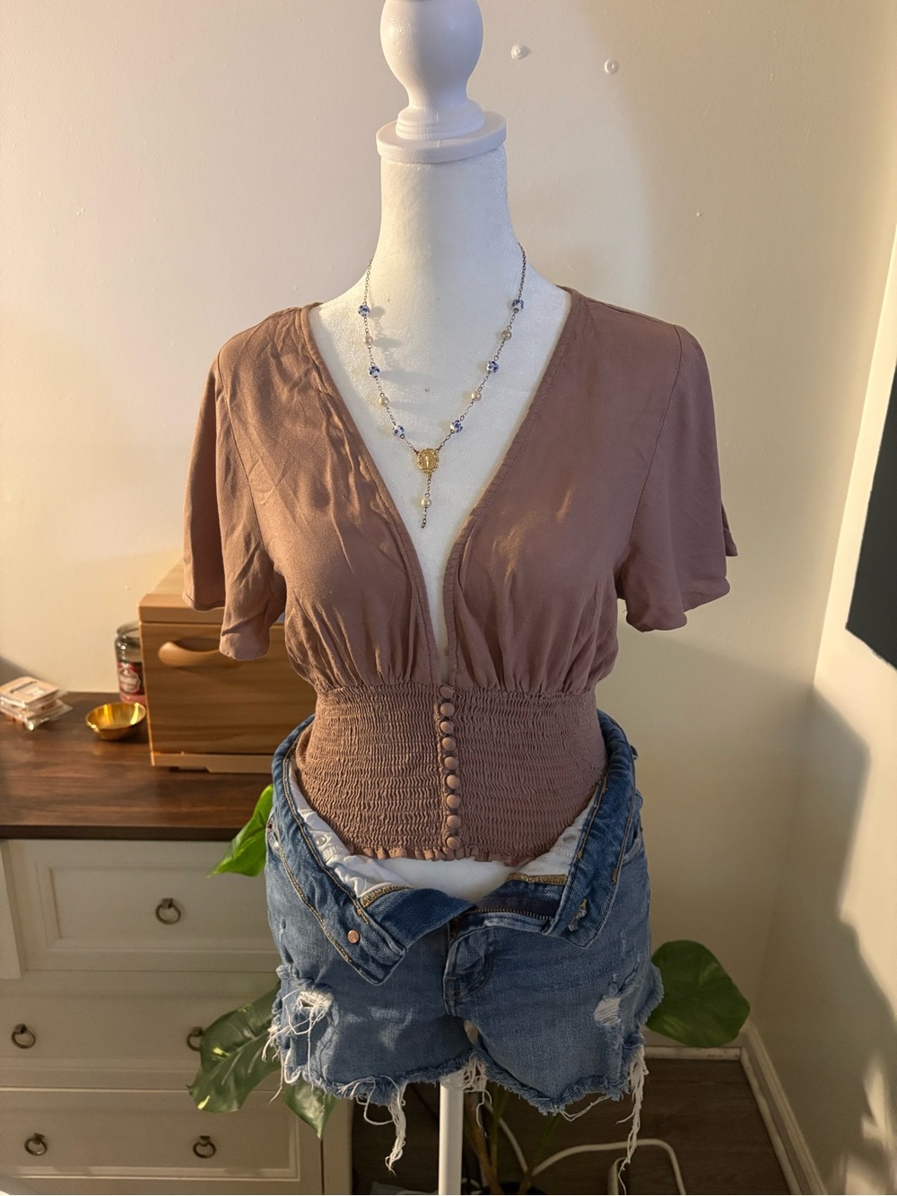 Forever 21 Mauve Smocked Button-Front Crop Top